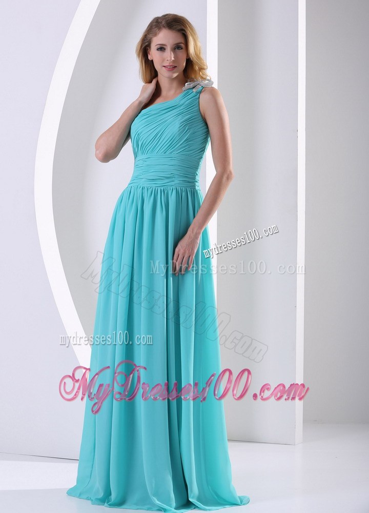 One Shoulder Ruched Bodice Aque Blue Bridesmaid Dress For Wedding Party