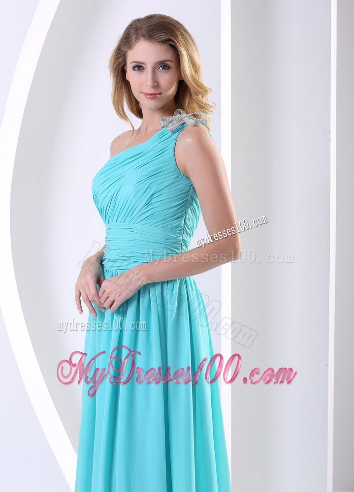 One Shoulder Ruched Bodice Aque Blue Bridesmaid Dress For Wedding Party