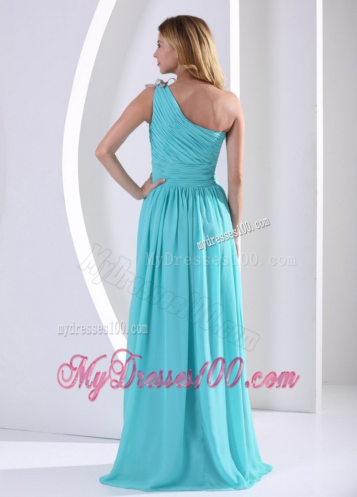 One Shoulder Ruched Bodice Aque Blue Bridesmaid Dress For Wedding Party