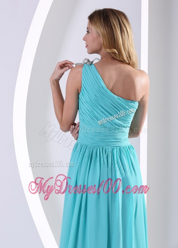 One Shoulder Ruched Bodice Aque Blue Bridesmaid Dress For Wedding Party
