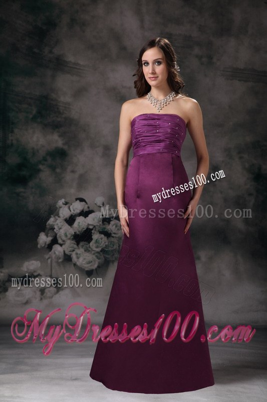Purple Column Strapless Taffeta Bridesmaid Dress with Beading