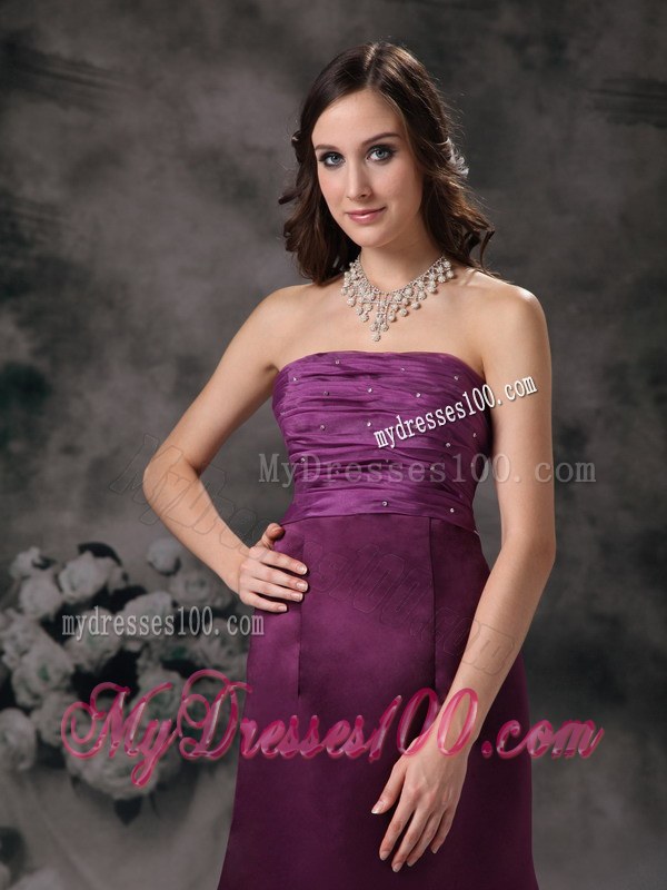 Purple Column Strapless Taffeta Bridesmaid Dress with Beading