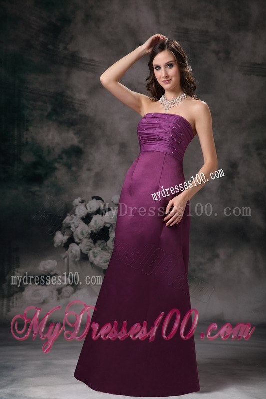 Purple Column Strapless Taffeta Bridesmaid Dress with Beading