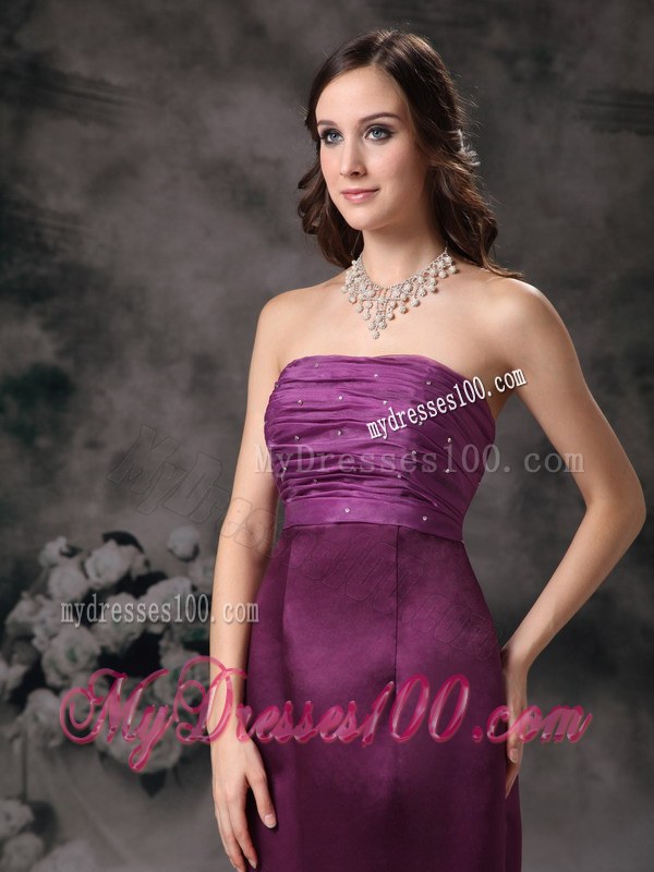 Purple Column Strapless Taffeta Bridesmaid Dress with Beading