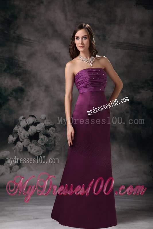 Purple Column Strapless Taffeta Bridesmaid Dress with Beading