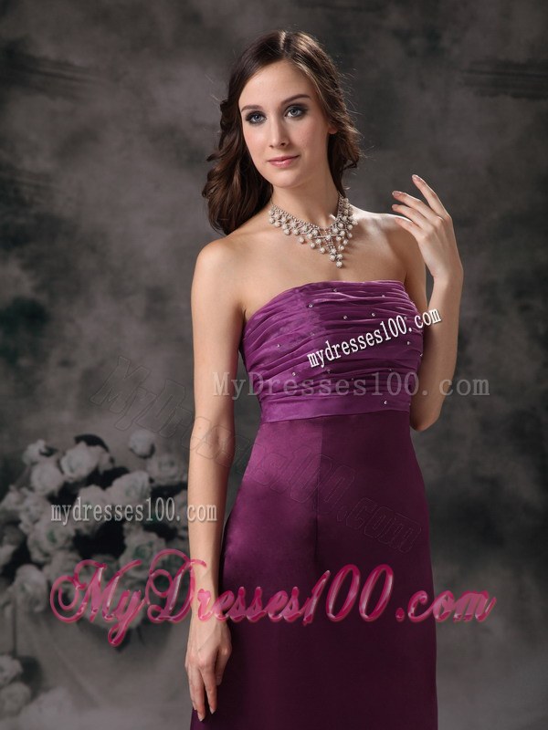 Purple Column Strapless Taffeta Bridesmaid Dress with Beading