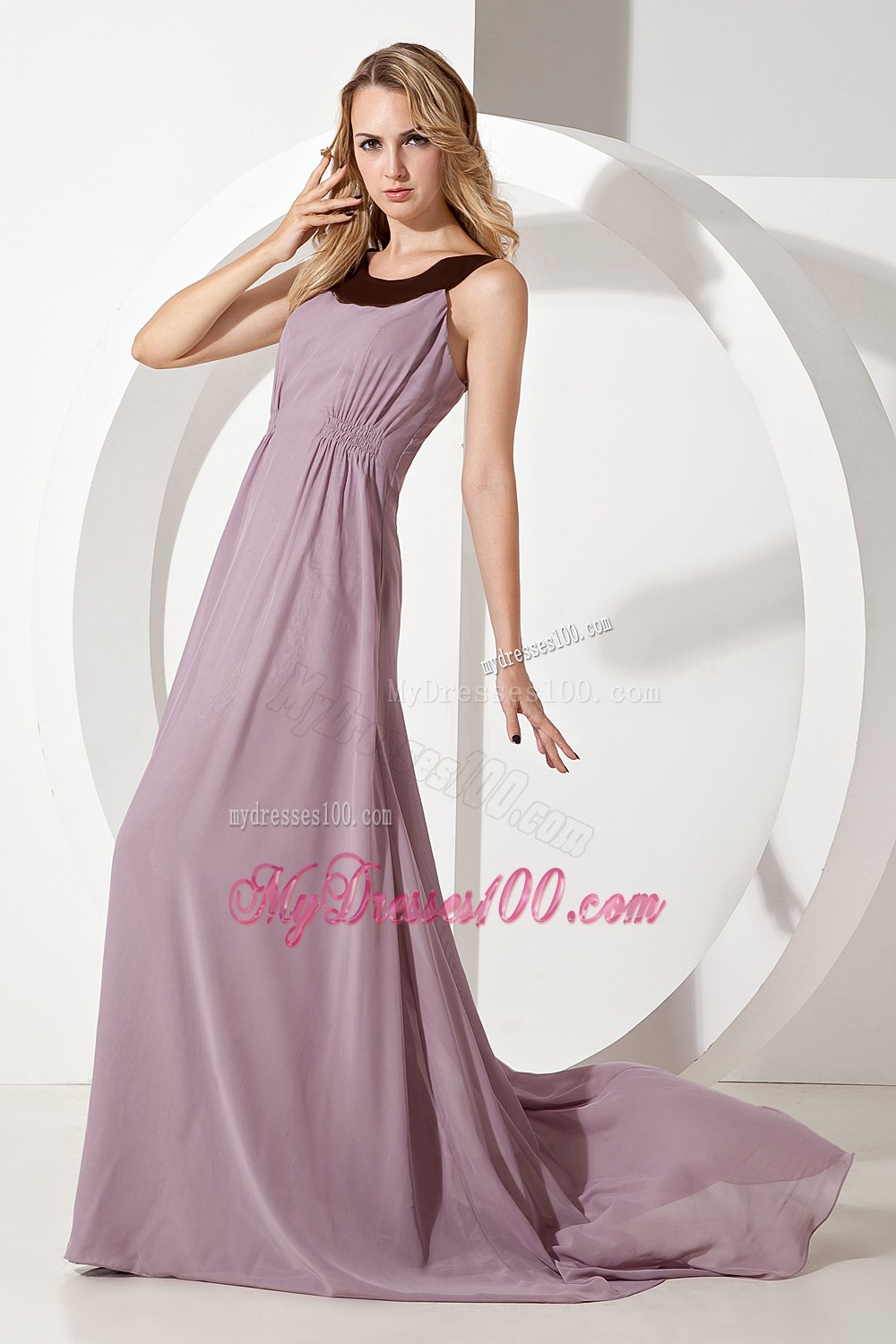 Grey Empire Scoop Neck Chiffon Bridesmaid Dress with Brush Train