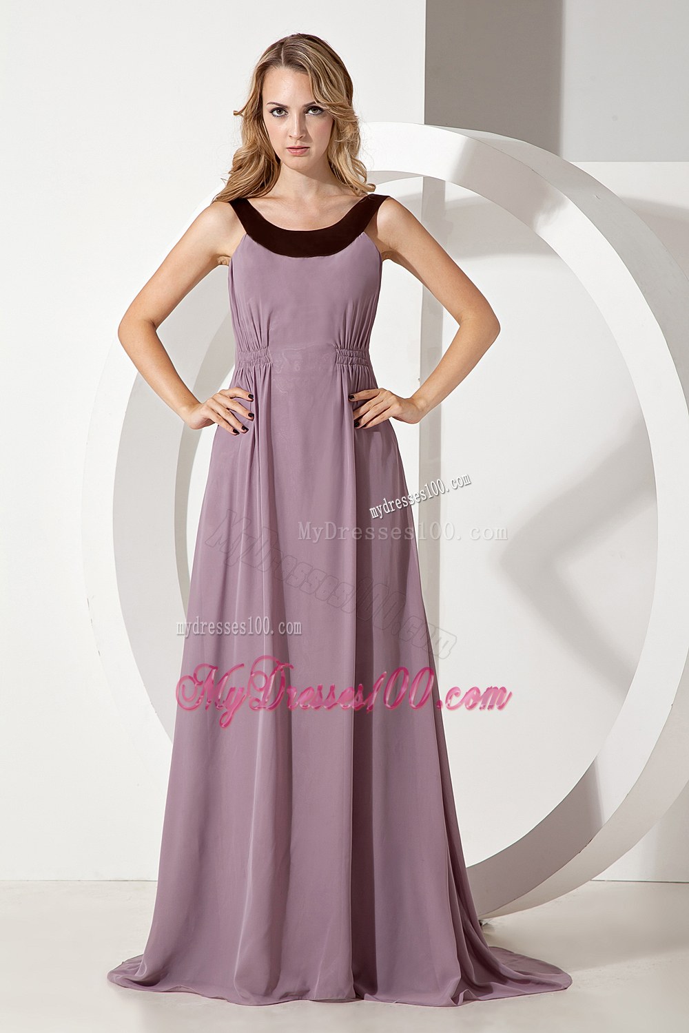 Grey Empire Scoop Neck Chiffon Bridesmaid Dress with Brush Train