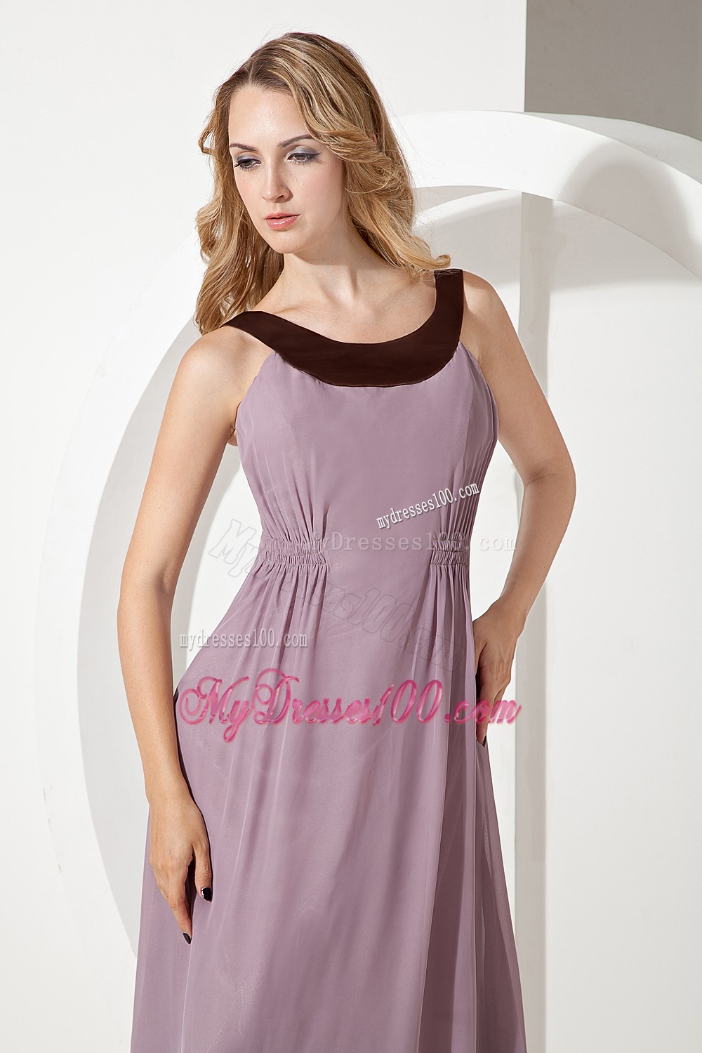 Grey Empire Scoop Neck Chiffon Bridesmaid Dress with Brush Train