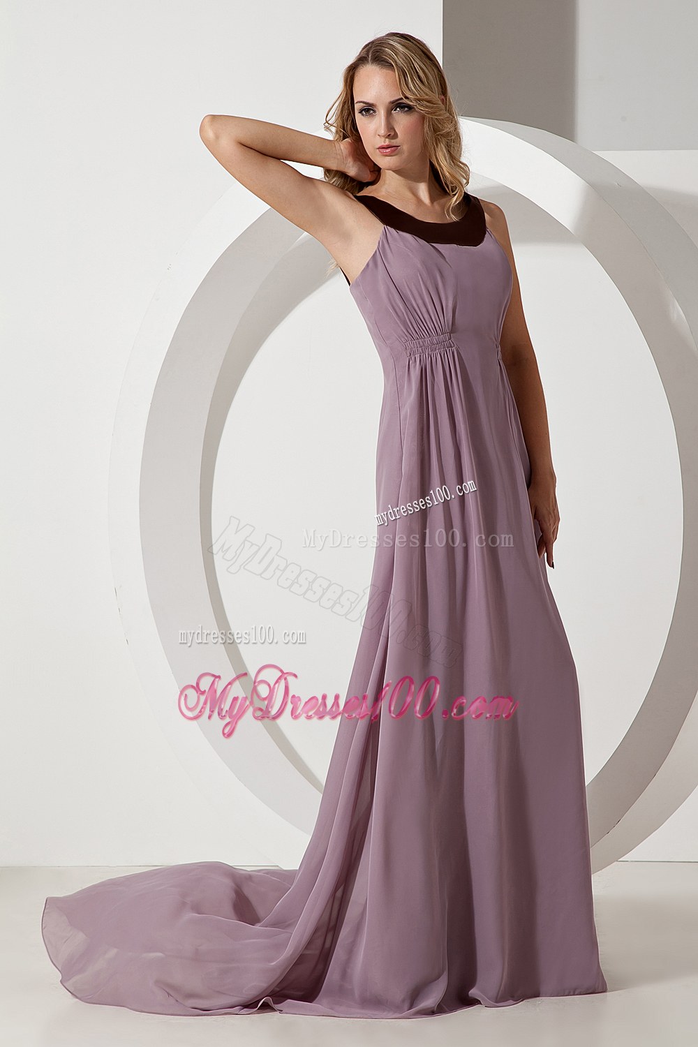 Grey Empire Scoop Neck Chiffon Bridesmaid Dress with Brush Train
