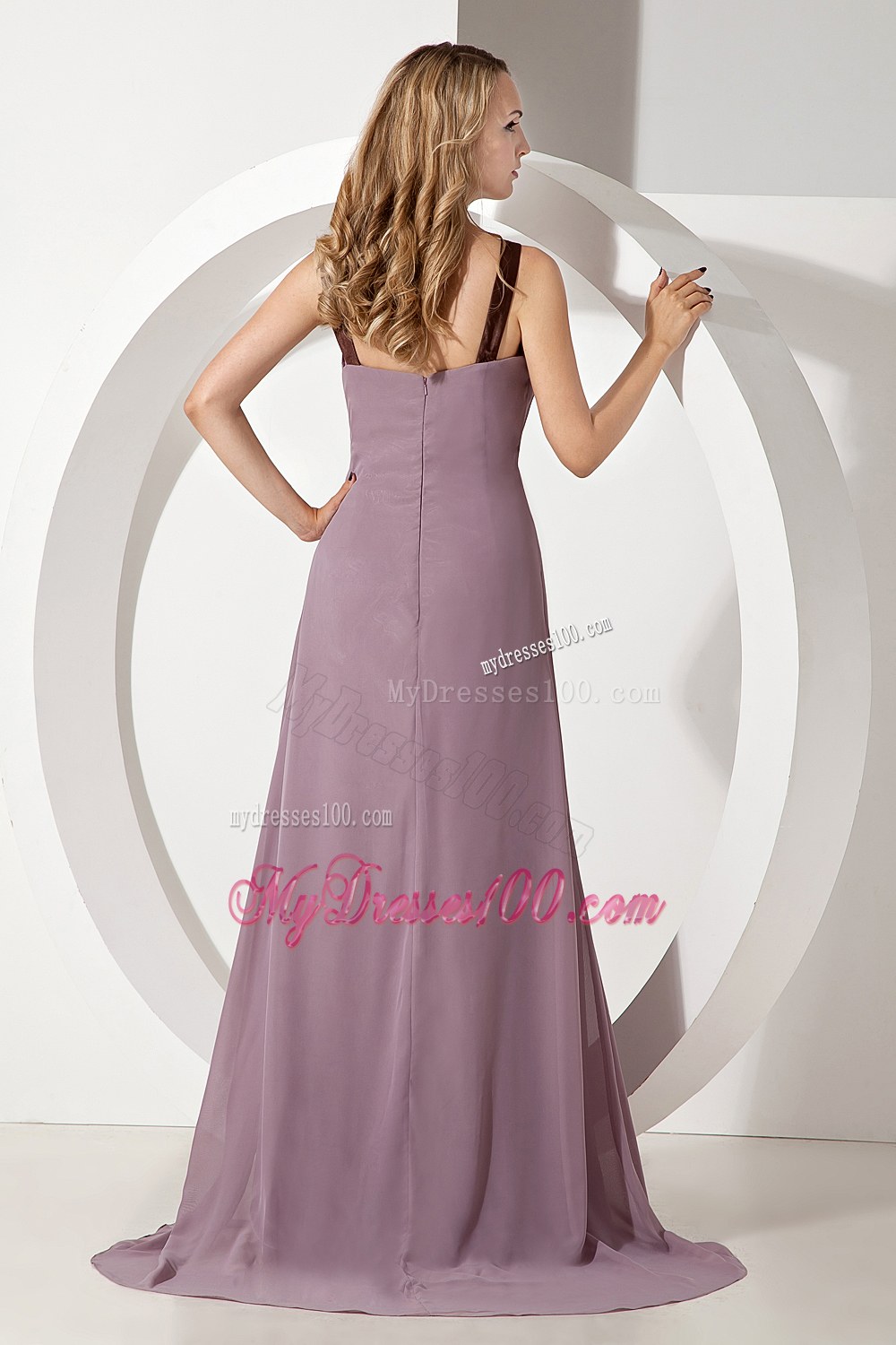 Grey Empire Scoop Neck Chiffon Bridesmaid Dress with Brush Train