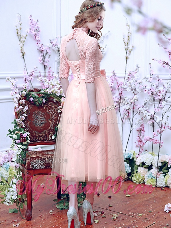 See Through High Neck Half Sleeves Bridesmaid Dress with Bowknot