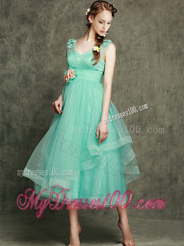 See Through Straps Bridesmaid Dress with Appliques and Hand Made Flowers