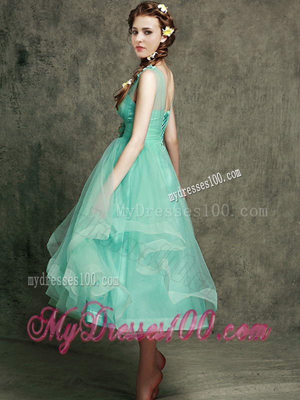 See Through Straps Bridesmaid Dress with Appliques and Hand Made Flowers