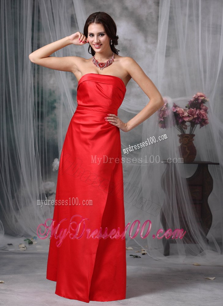 Red Column Strapless Satin Bridesmaid Dress Floor-length