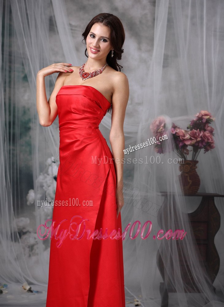 Red Column Strapless Satin Bridesmaid Dress Floor-length
