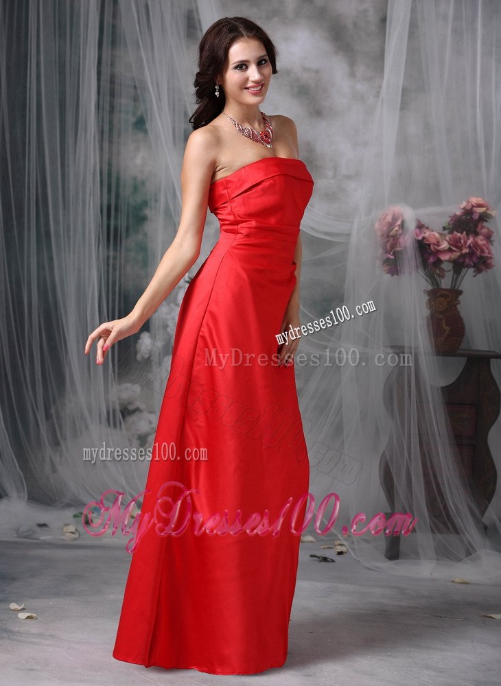Red Column Strapless Satin Bridesmaid Dress Floor-length
