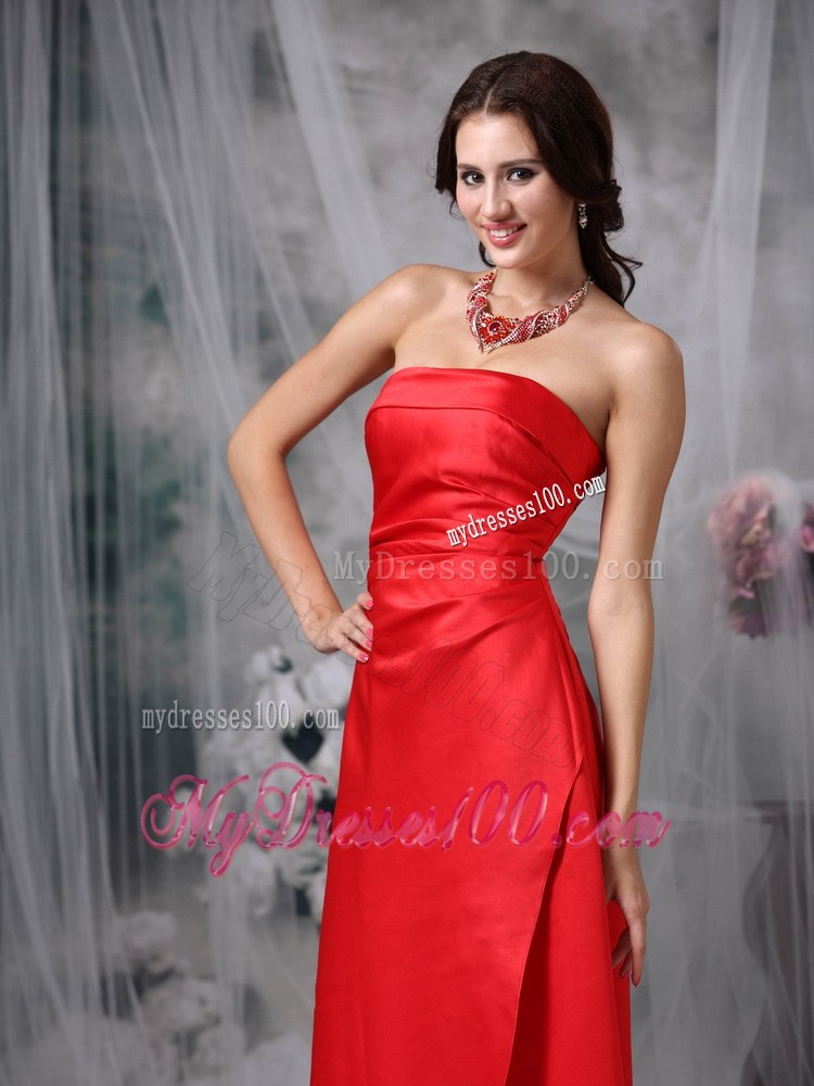 Red Column Strapless Satin Bridesmaid Dress Floor-length