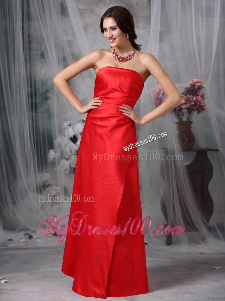Red Column Strapless Satin Bridesmaid Dress Floor-length