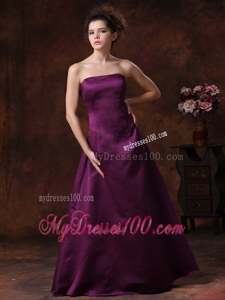 Column Strapless Taffeta Bridemaid Dress in Purple with Ruffles