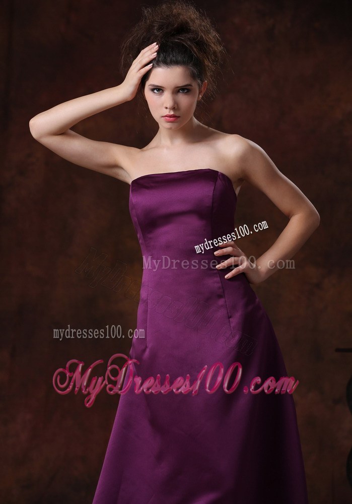 Column Strapless Taffeta Bridemaid Dress in Purple with Ruffles
