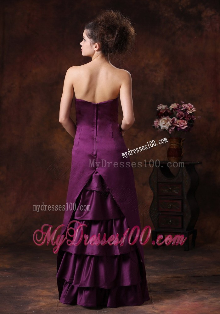 Column Strapless Taffeta Bridemaid Dress in Purple with Ruffles