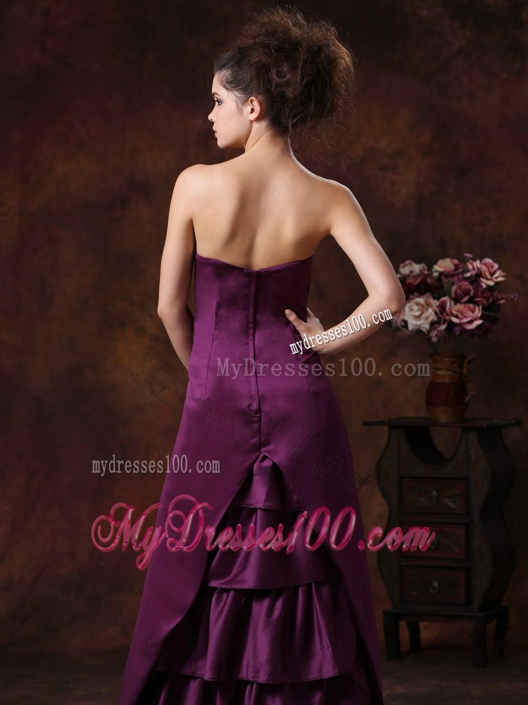 Column Strapless Taffeta Bridemaid Dress in Purple with Ruffles