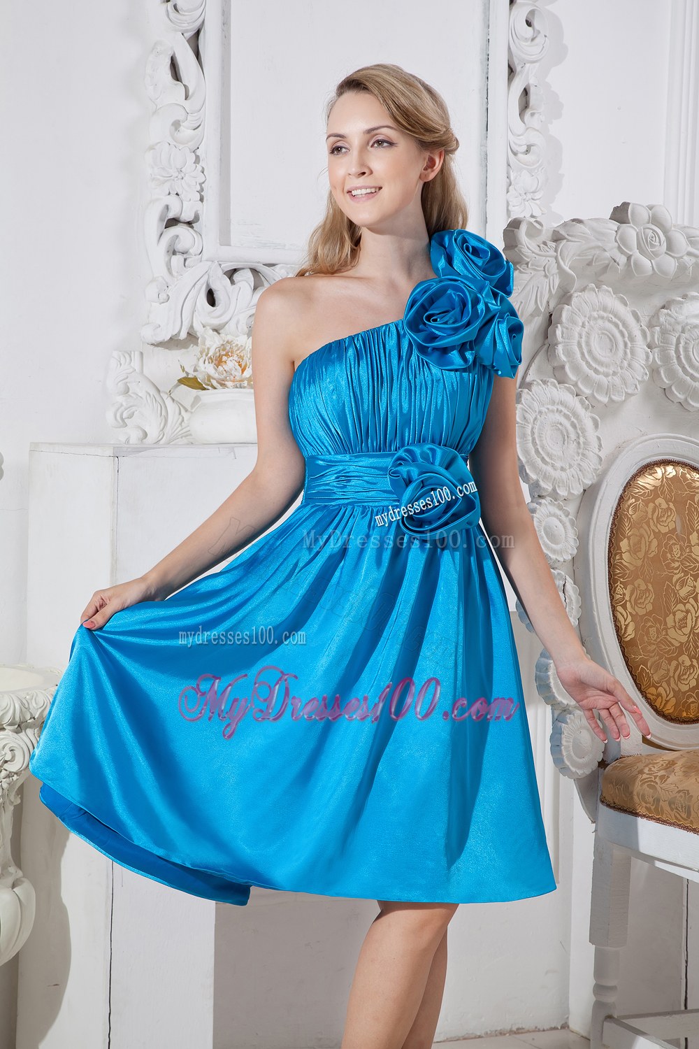 Sky Blue One Shoulder Short Bridesmaid Dress Hand Made Flowers