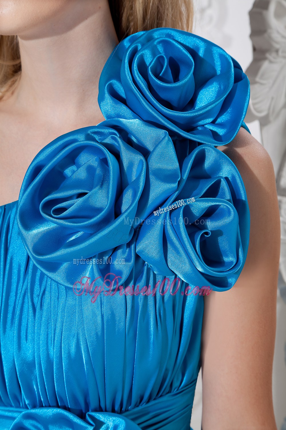 Sky Blue One Shoulder Short Bridesmaid Dress Hand Made Flowers