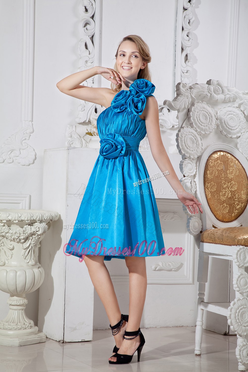 Sky Blue One Shoulder Short Bridesmaid Dress Hand Made Flowers