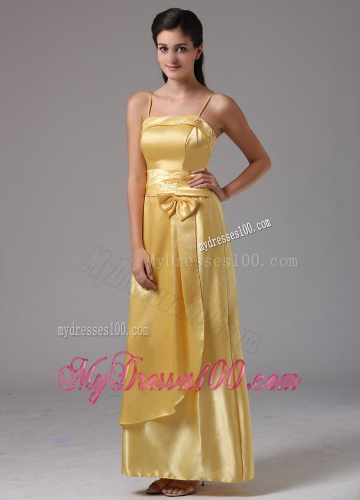 Yellow Thin Straps Ankle-length Bridesmaid Dress with Apron and Bow