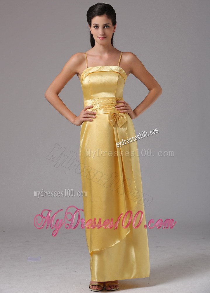 Yellow Thin Straps Ankle-length Bridesmaid Dress with Apron and Bow