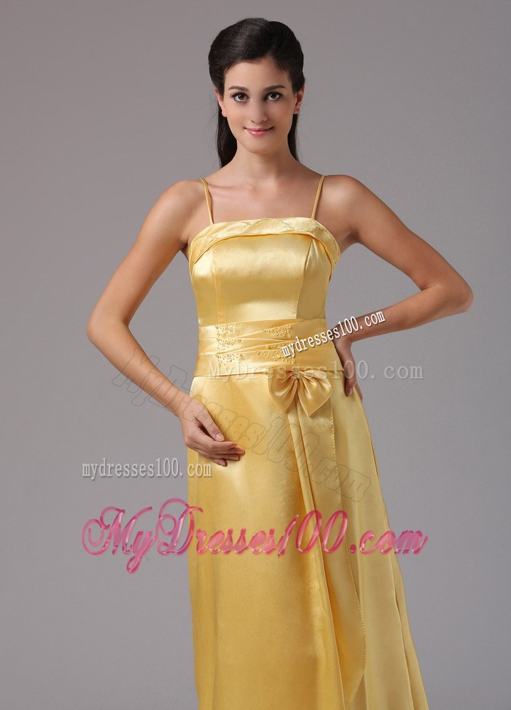 Yellow Thin Straps Ankle-length Bridesmaid Dress with Apron and Bow