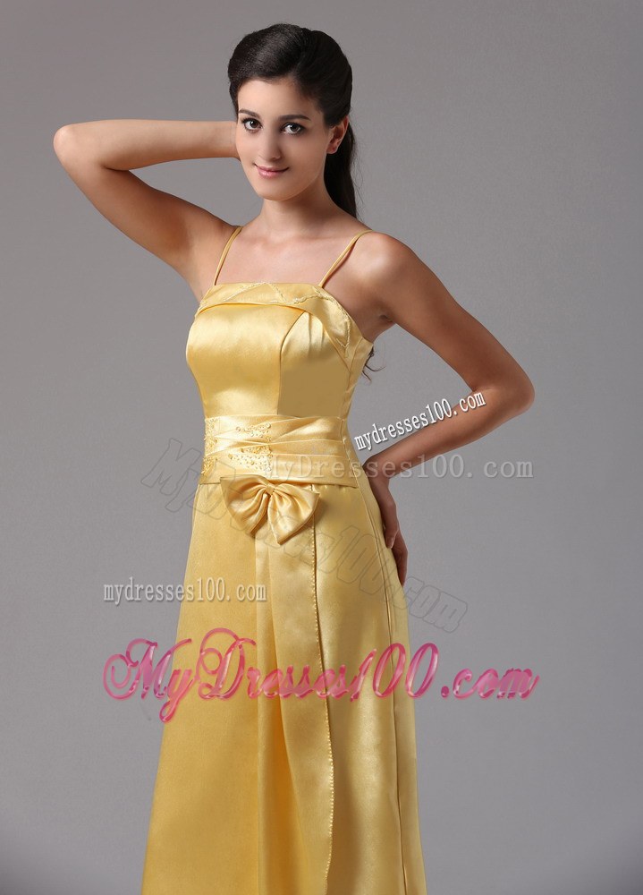 Yellow Thin Straps Ankle-length Bridesmaid Dress with Apron and Bow