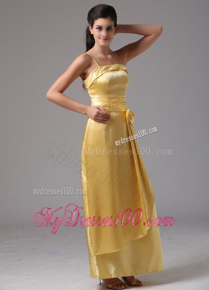 Yellow Thin Straps Ankle-length Bridesmaid Dress with Apron and Bow