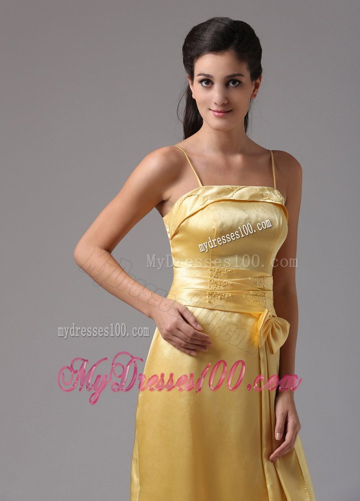 Yellow Thin Straps Ankle-length Bridesmaid Dress with Apron and Bow