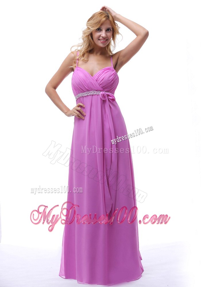 Lavender Spaghetti Straps Ruche and Beaded Chiffon Bridemaid Dress