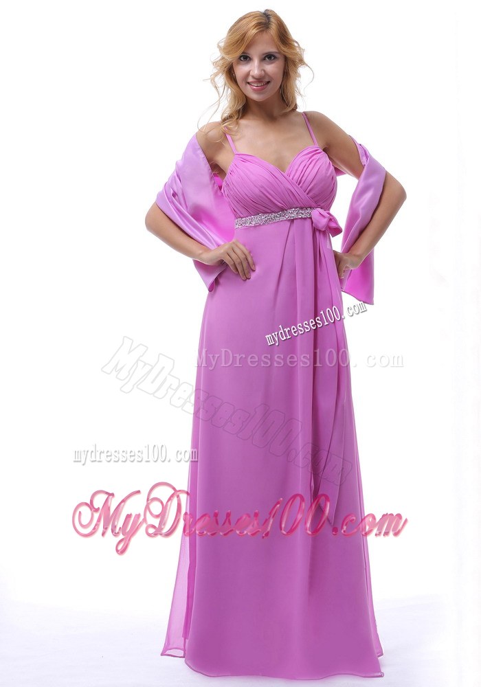 Lavender Spaghetti Straps Ruche and Beaded Chiffon Bridemaid Dress