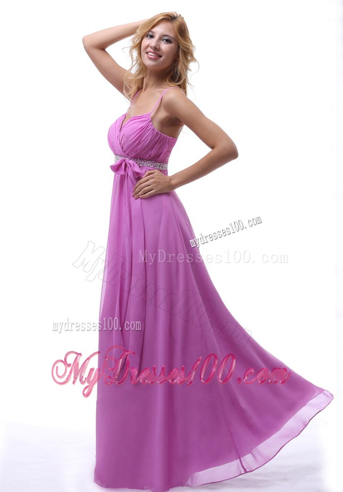 Lavender Spaghetti Straps Ruche and Beaded Chiffon Bridemaid Dress