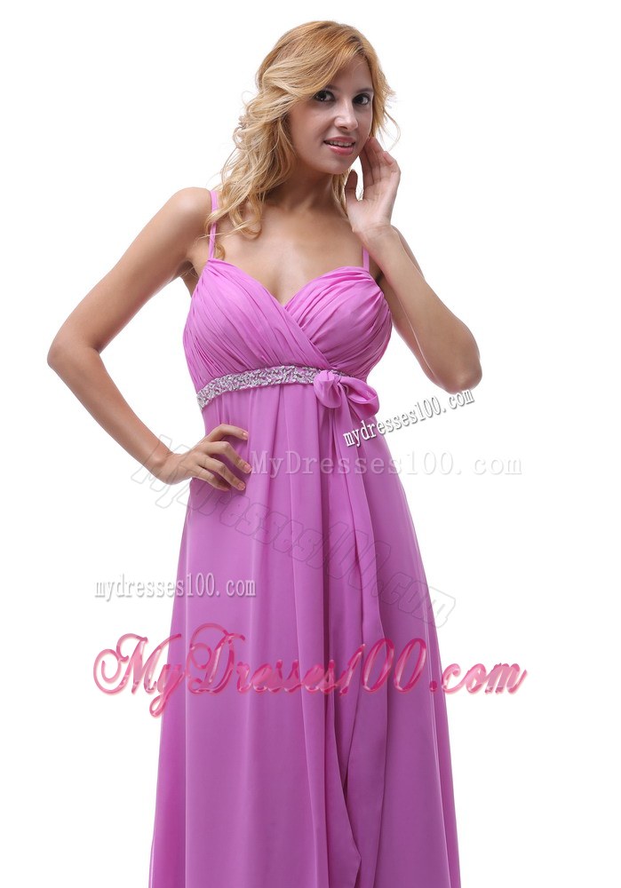 Lavender Spaghetti Straps Ruche and Beaded Chiffon Bridemaid Dress