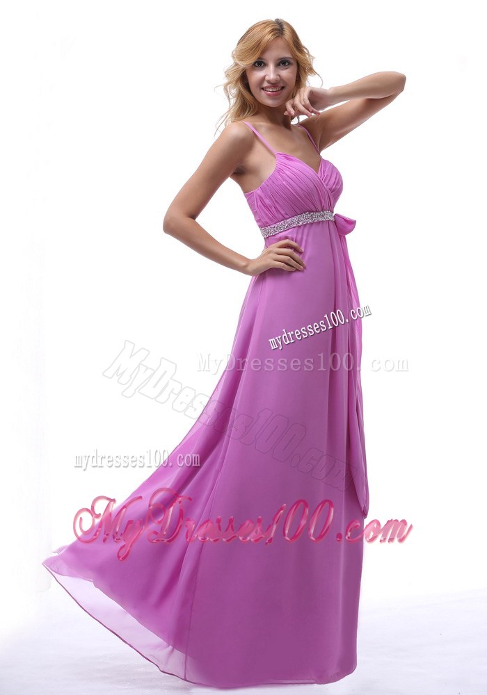 Lavender Spaghetti Straps Ruche and Beaded Chiffon Bridemaid Dress