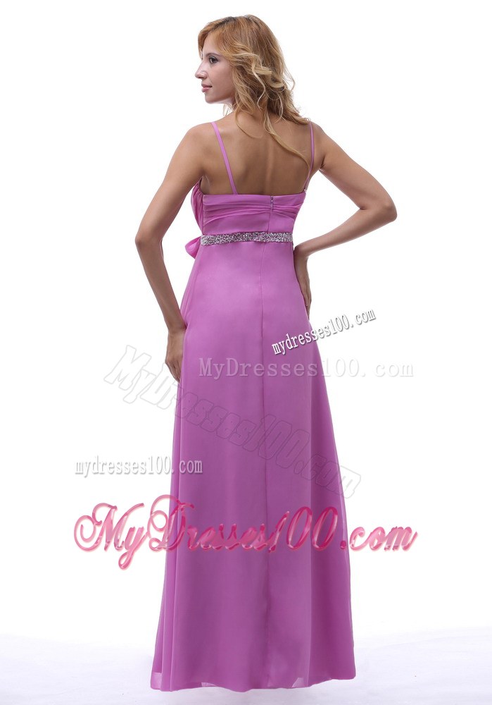 Lavender Spaghetti Straps Ruche and Beaded Chiffon Bridemaid Dress