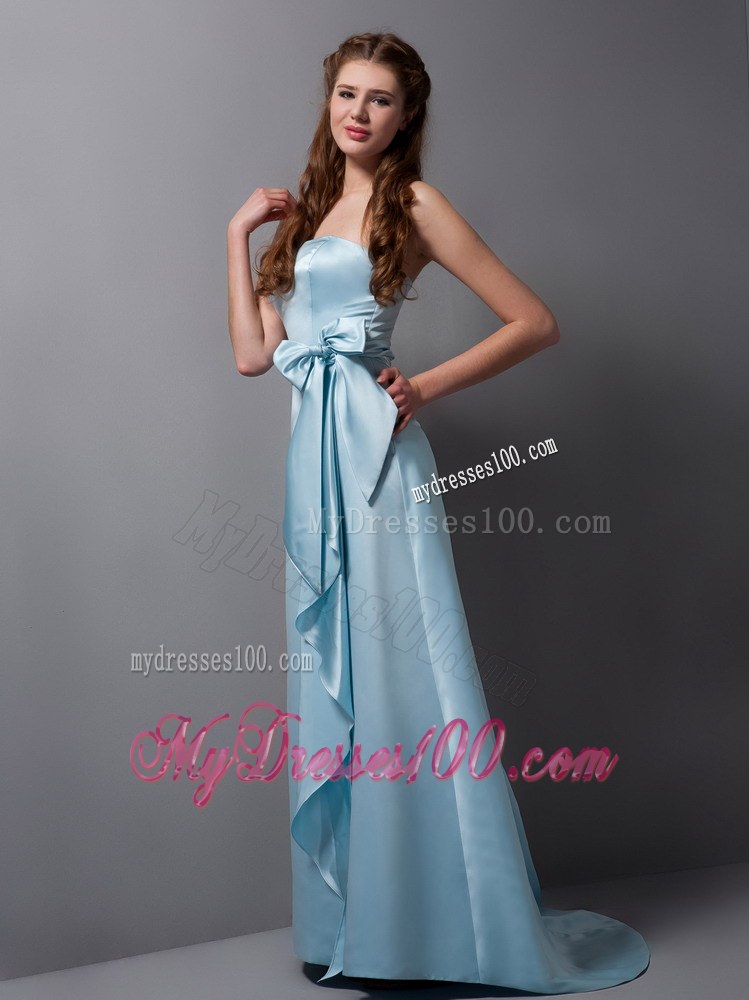 Customize Baby Blue Column Strapless Bridesmaid Dress Satin Bow Brush Train