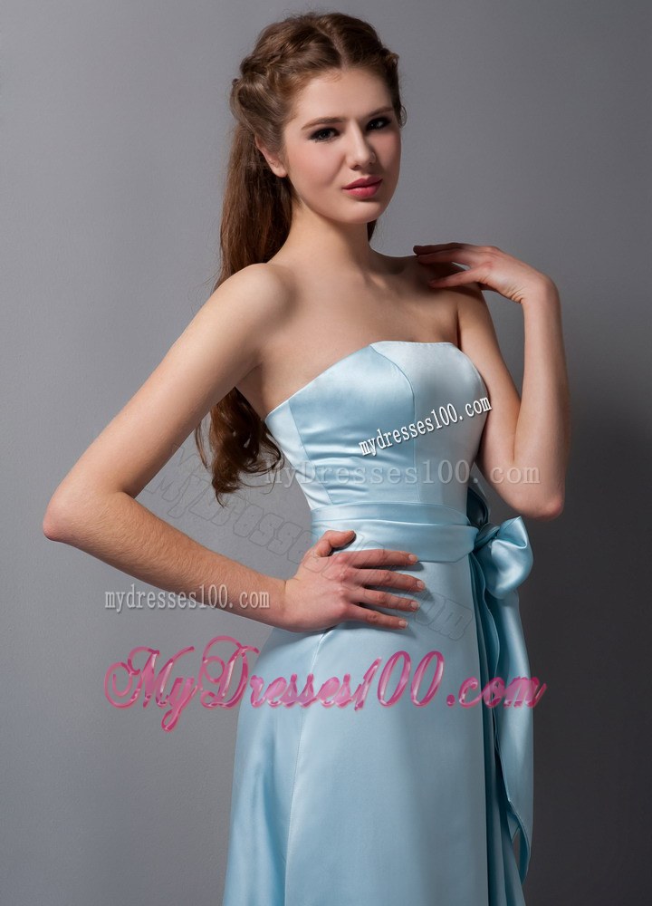 Customize Baby Blue Column Strapless Bridesmaid Dress Satin Bow Brush Train
