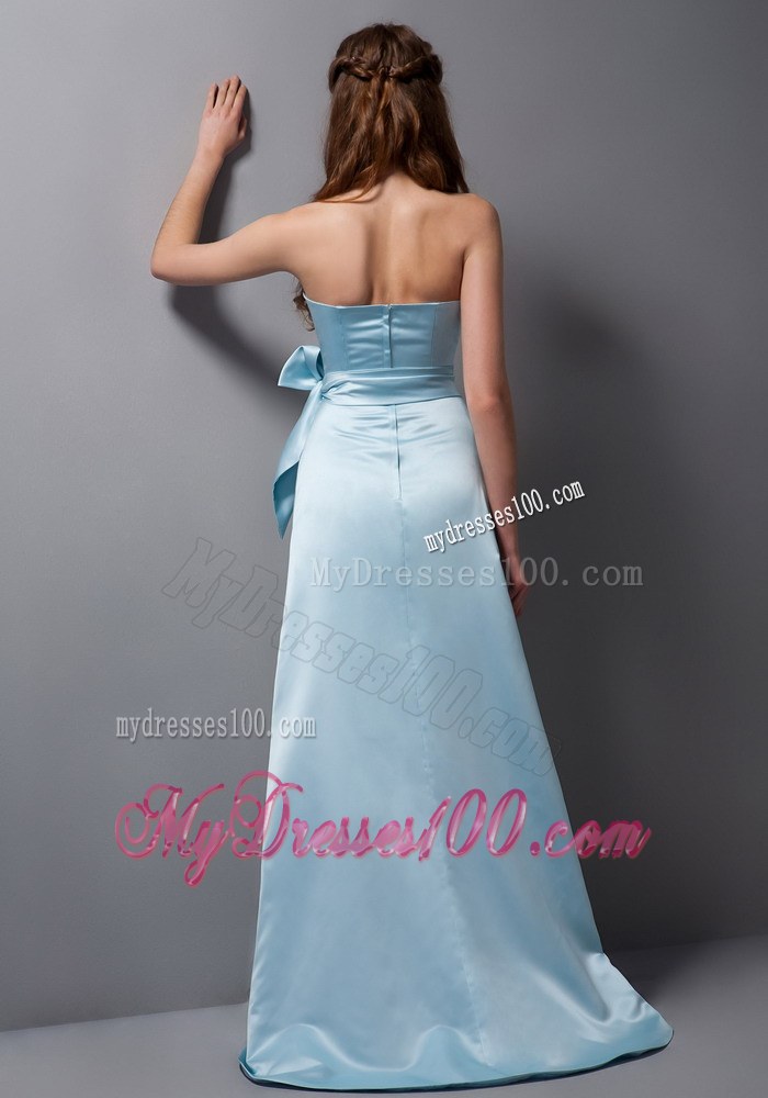 Customize Baby Blue Column Strapless Bridesmaid Dress Satin Bow Brush Train