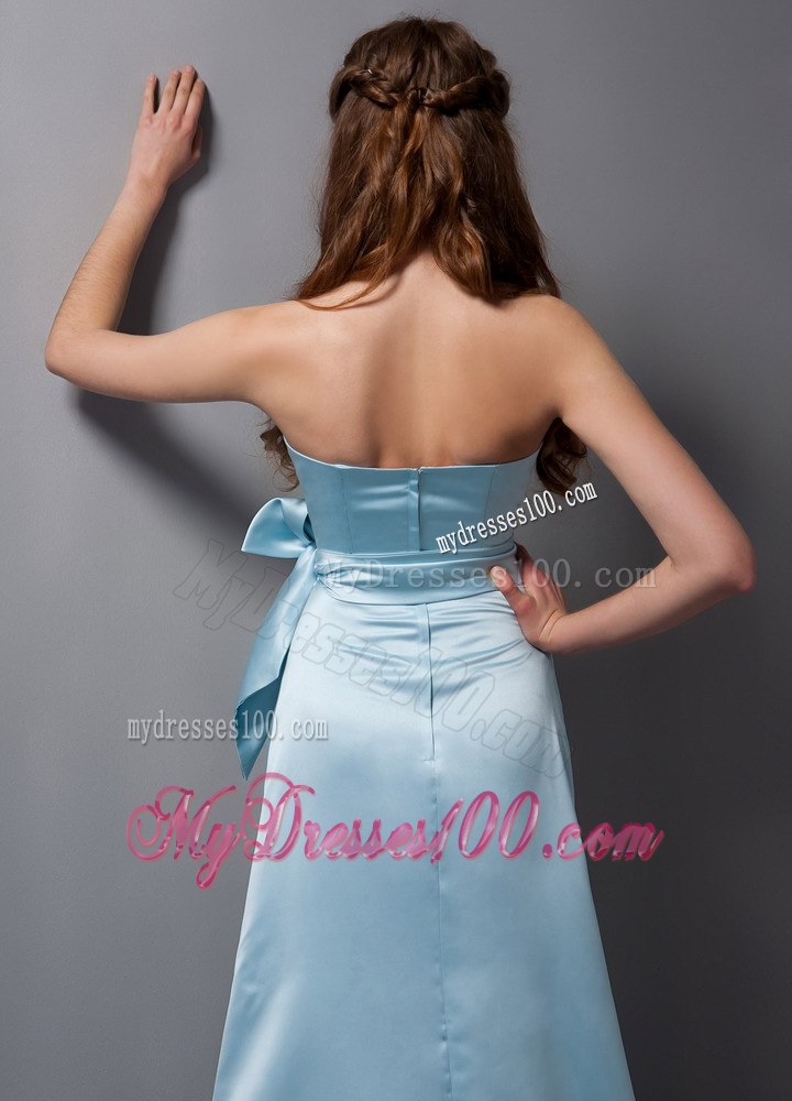 Customize Baby Blue Column Strapless Bridesmaid Dress Satin Bow Brush Train