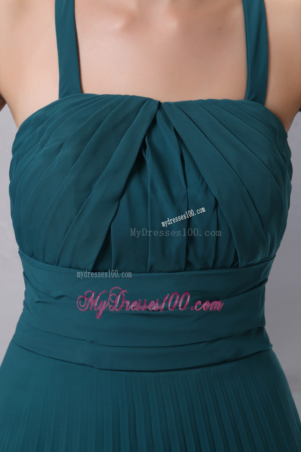 Peacock Green A-line Straps Pleat Floor-length Bridesmaid Dress