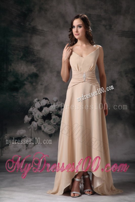 Champagne Column Spaghetti Straps Beaded and Ruched Bridesmaid Dress
