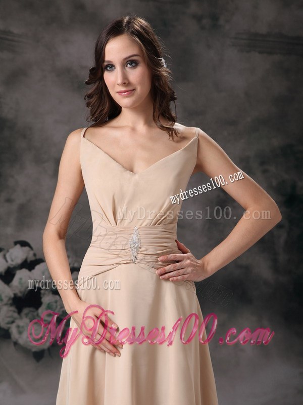 Champagne Column Spaghetti Straps Beaded and Ruched Bridesmaid Dress