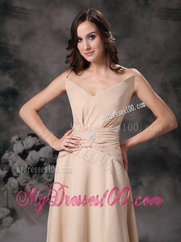 Champagne Column Spaghetti Straps Beaded and Ruched Bridesmaid Dress